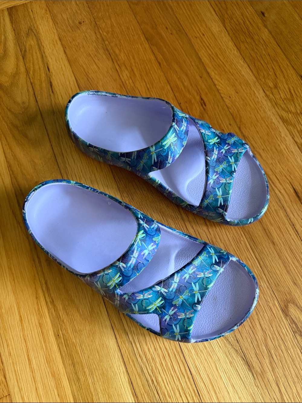 Women’s Blue Floral and Dragonfly Slide Sandals. Size 38